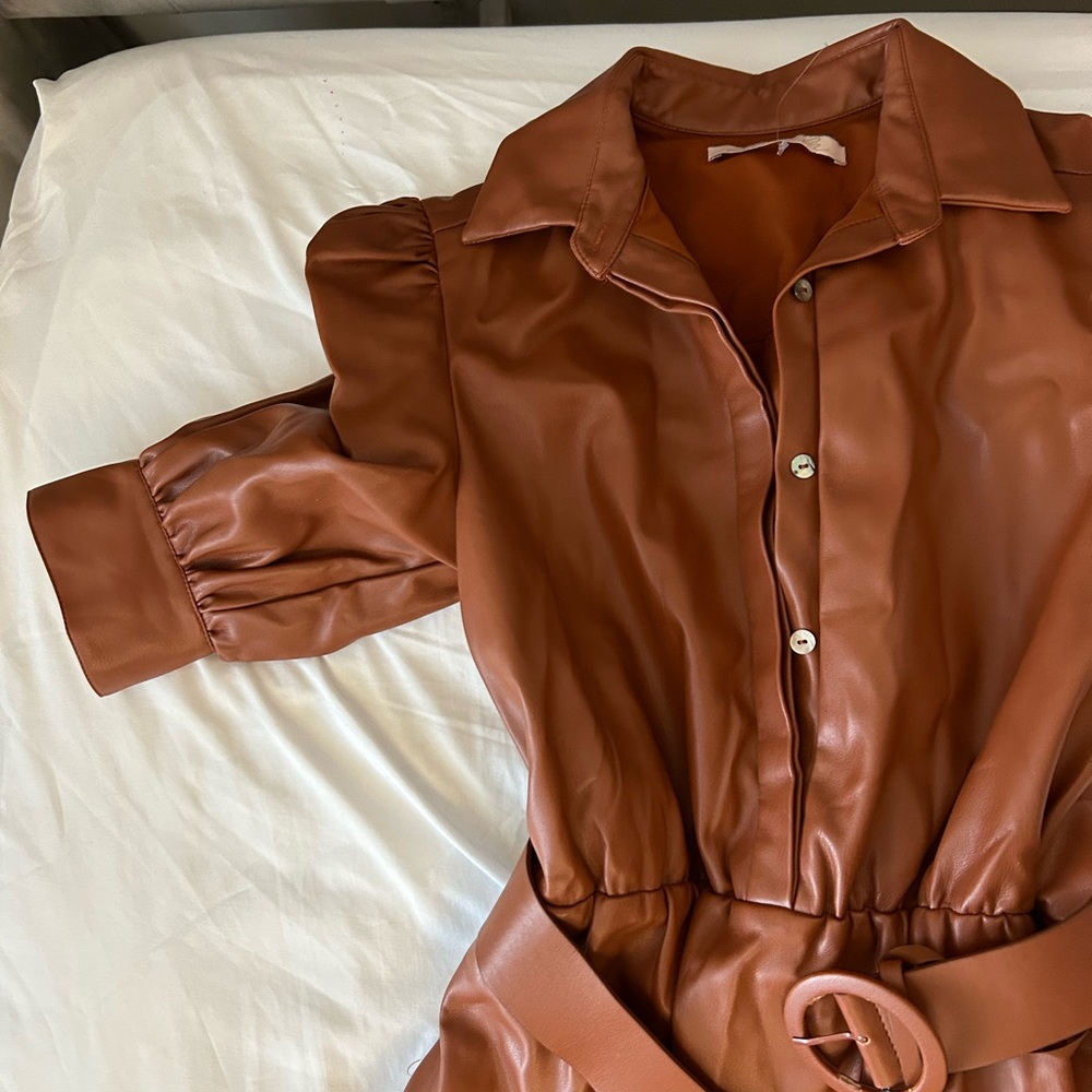 Brown Faux Leather Dress with Belt